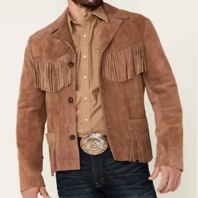 Mens Western Wear Suede Leather Cowboy Fringe Shirt Style Native American Jacket • £94.99