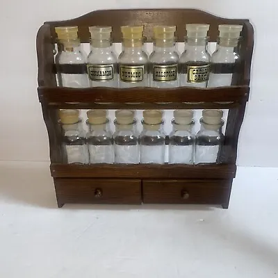Vintage Wooden Hanging Spice Rack Drawers 12 Glass Spice Bottles • $39.99