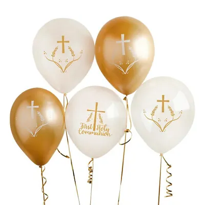 Holy Communion White Gold Cross Print Latex Party Religious Balloons X 5 • £4.50