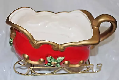 Vintage Christmas Red Sleigh Ceramic 2 Pc Gold Metal Stand Holiday Decor Taiwan • $14