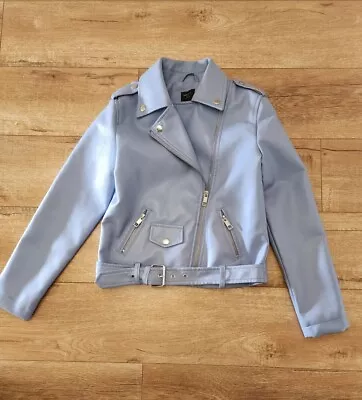 Forever 21 Girl's Buttery Soft Faux Leather Moto Jacket Size 9/10 Baby Blue • £19.79