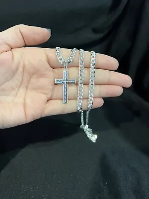 925 Sterling Silver Men's Diamond Cut Cross Pendant & Curb Cuban Chain 22 26 30 • $120