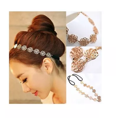 Womens Head Chain Hollow Rose Flower Elastic Hair Band Headband Hippie Chic GIFT • £3.88