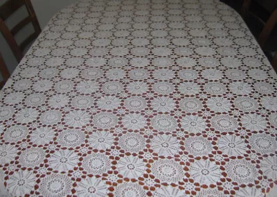 Vintage Crocheted Lace Tablecloth ~ White ~ Cotton ~ Rectangle • $22.50