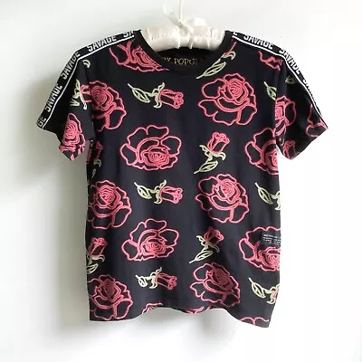 Vox Populi Savage Rose Print T-Shirt Sz S Shoulder Stripe Ltd Edition Black Red • $1.50