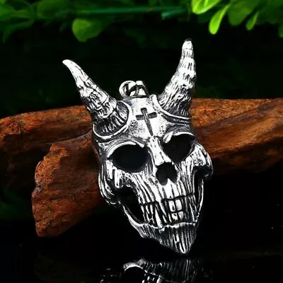 Mens Satanic Biker Devil Skull Cross Pendant Necklace Stainless Steel Men Gift • $7.99