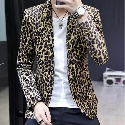 $51.92 • Buy Men's Korean Leopard Print Blazer Jacket One Button Slim Fit Nightclub Party New