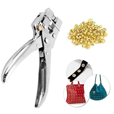 100pcs Gold Metal 4mm Eyelets With Plier Punch Tool Hole Maker Leather Craft Kit • £8.29