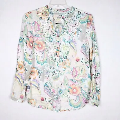 Malvin 100% Linen Top Womens Size M US 8 Long Sleeve Floral Paisley Blouse • $17.99