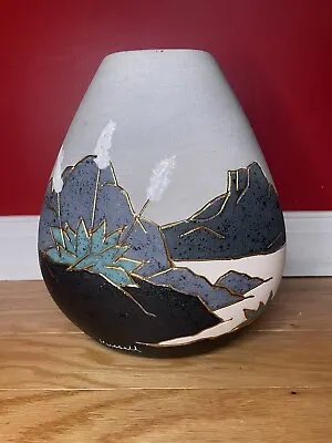 VERA RUSSELL Pottery Art Vase Southwestern 22kt Gold Inlay Aqua Blue Signed Vtg • $38