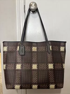 Coach City Tote With Brushed Plaid Print MATCHING WRISTLET FOR SALE AS WELL • $80