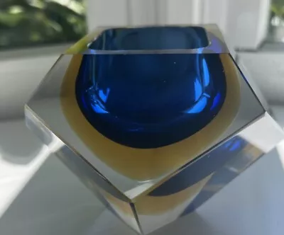 Murano Style Ashtray Candle Trinket Bowl Sommerset Style Faceted Blue Yellow • $69.99