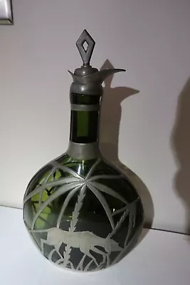 Vintage Decanter Wine Whiskey Brandy Green Glass W Pewter /Silver Type Overlay . • $34