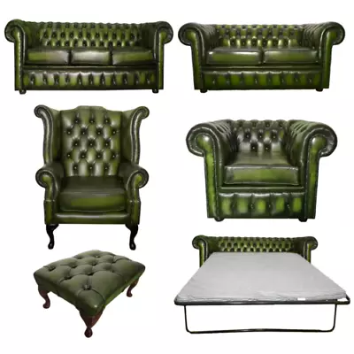 Genuine Leather Antique Green Chesterfield Sofa Settee 3 Seater Armchair Stool • £723.99