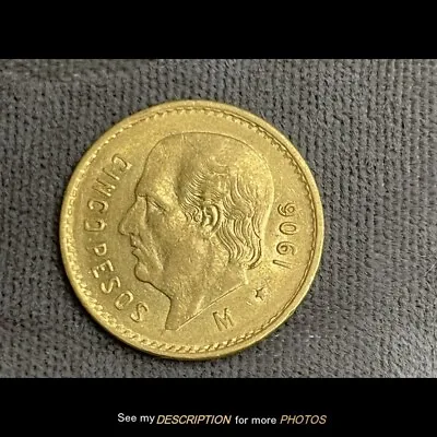    1906 Mexican 5 Cinco Pesos Gold Coin 22K .900 Great Condition • $400