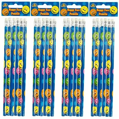 24-240 X Pack Of 6 Smiley Face Pencils W/ Eraser 17cm Wholesale Job Lot Bulk Buy • £24