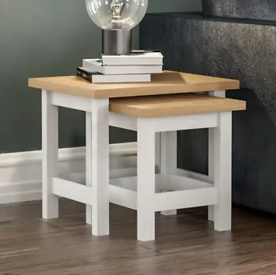 Nest Of 2 Side Tables Sofa End Coffee Tables Set Wooden Lamp Stand Square White • £54.90