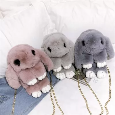 Bunny Plush Bag Messenger Bag Women Rabbit Fur Pompoms Chain Bag Shoulder Bag UK • £8.07