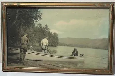 Vintage Hand Colored Photo Men In Canoe In Original Frame • $50