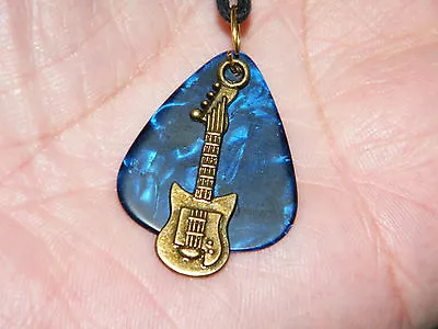 BASS GUITAR & MUSICAL NOTE Guitar Necklace Bronze Blue Pick Choker 15 -29  NEW! • $7.77