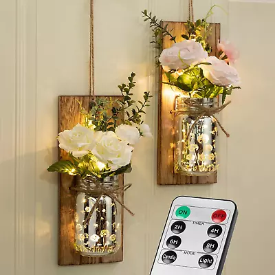 Mason Jar Wall Sconces Hanging Farmhouse Wall Decorations With Remote Control L • $39.41