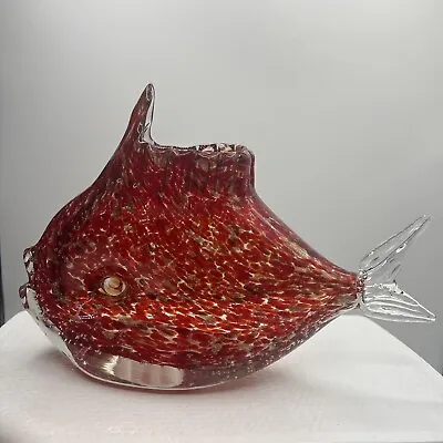 Vintage Red Gold Speck Fleck Art Glass Fish Vase Heavy Fish Paperweight 8 × 10 • $33.99