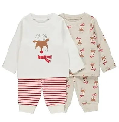 🎅 Bnwt Unisex Baby Pk 2 Christmas Reindeer Striped Pyjamas Age 12-18 Mths Red • £11.99