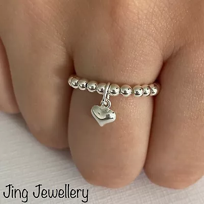 Sterling Silver Beaded Stretch Ring Tiny Puffed Heart Drop Charm 925 All Sizes. • £12.99