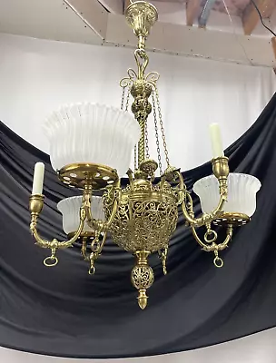 RESTORED Antique Vtg Victorian Art Nouveau Brass Chandelier Gasolier Deco Ornate • $3495