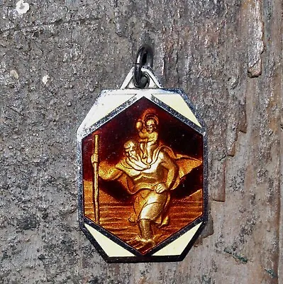 Unused Vintage Saint Christopher Old Factory Stock Brown & Cream Enamel • $17