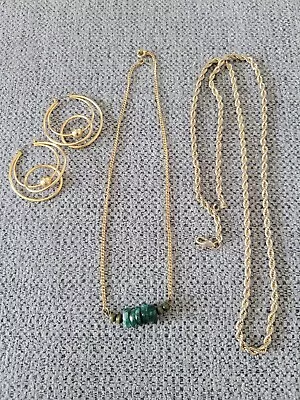 Vintage Gold Tone Jewelry Lot Rope Chain Hoop Earrings Green Stone Necklace • $12