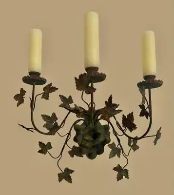 Vintage Italian Florentine Tole Green Metal Floral Wall Candelabra Leaves • $120