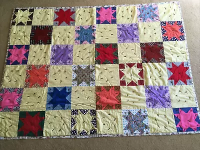 Vintage Hand Made Patchwork Quilt Colorful Star Yellow Knotted 80x59 Twin Throw • $45