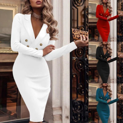 $23.08 • Buy Women V Neck Wrap Blazer Midi Dress Xmas Cocktail Party Club Long Sleeve Bodycon