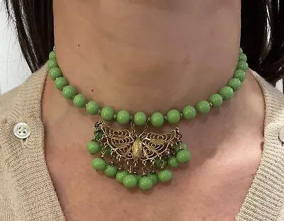 Vintage Miriam Haskell Jade Green Crocker Necklace Gold Pendant Small • £44.20