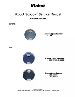 IRobot Scooba Service Manual 300 Series 330 340 350 380 385 390 5800 5900 6050 • $3.99