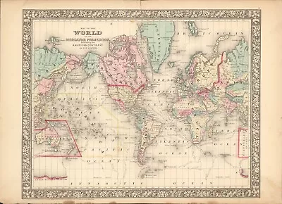 1860 World Mercator Projection By Mitchell Beautiful Antique Map ~ 21.1  X 15.2  • $40