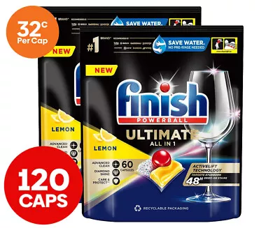 2 X 60pk Finish Powerball Ultimate All In 1 Dishwashing Caps Lemon Sparkle • $59.75