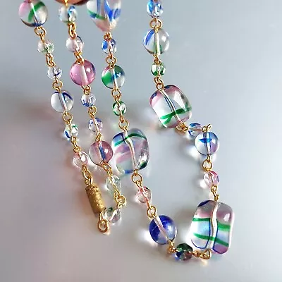 Iris Glass Necklace 22'' Czech Multicolor Rainbow Beads Vintage Women`s Jewelry • $55