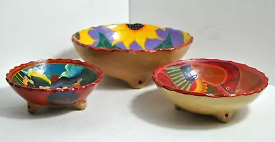 Set Of Three Vintage Hand Painted Stackable Clay Bowls Beautifully Painted OOAK  • $45