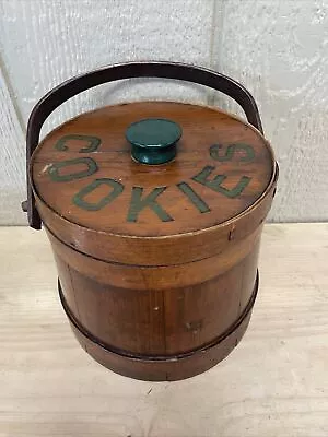 Vintage Firkin Wooden Cookie Bucket With Lid Handle Green Letters • $74.99