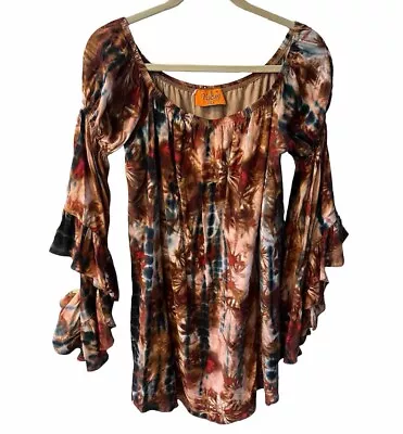 Voom Joy Han Tie Dye Dress Womens Sz M Off Shoulder Cascading Angel Sleeve USA • $25.99
