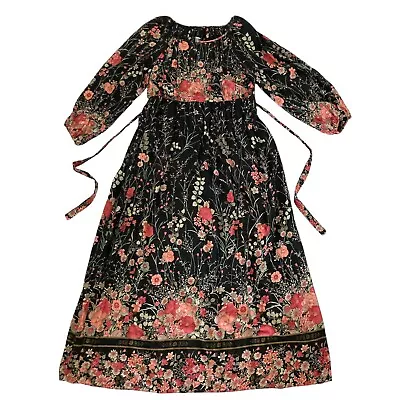 Vintage 70’s Saks Fifth Avenue Black Floral Boho Maxi Peasant Dress Gown Sz L • $149