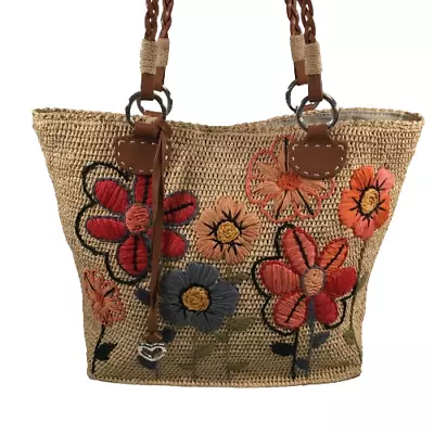 BRIGHTON Madagascar Floral Blossom Embroidered Raffia Straw Summer Tote Bag • $83.99