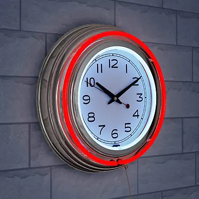 Retro Red Neon Wall Clock Battery Operated Vintage Bar Garage Kitchen Game Room • $66.73