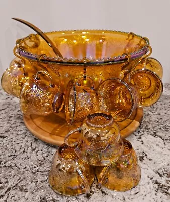 Vintage Indiana Iridescent Carnival Glass Marigold Punch Bowl Set 12 Grape Cups  • $75.84