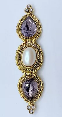 B6-658 Vintage Brooch Gold Pin 3  Victorian Bar Faux Pearl Purple Rhinestone • $5.99