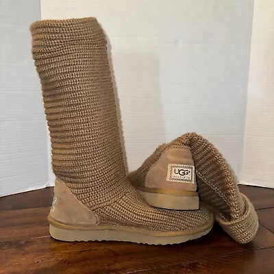 UGG Australia Womens Knit Cardy Boots Brown Crochet Sheepskin Tan 5817 Size 8 • $24.99