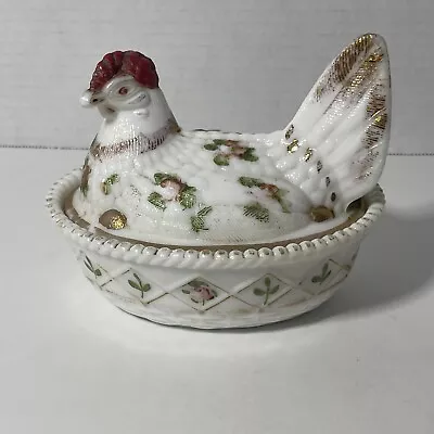 VINTAGE Westmoreland Style Charleton Hen On Nest Milk Glass Hand Painted Roses • $100