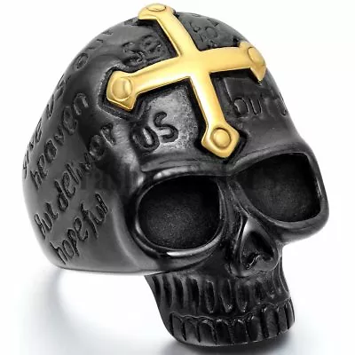 Men's Punk Biker Black Stainless Steel Skull Gold Tone Cross Ring Band Size 8-15 • $10.99
